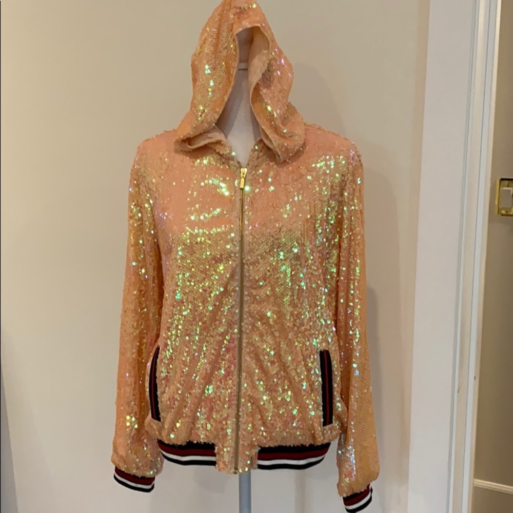 Sequin Hooded Zip Jacket - Peach
